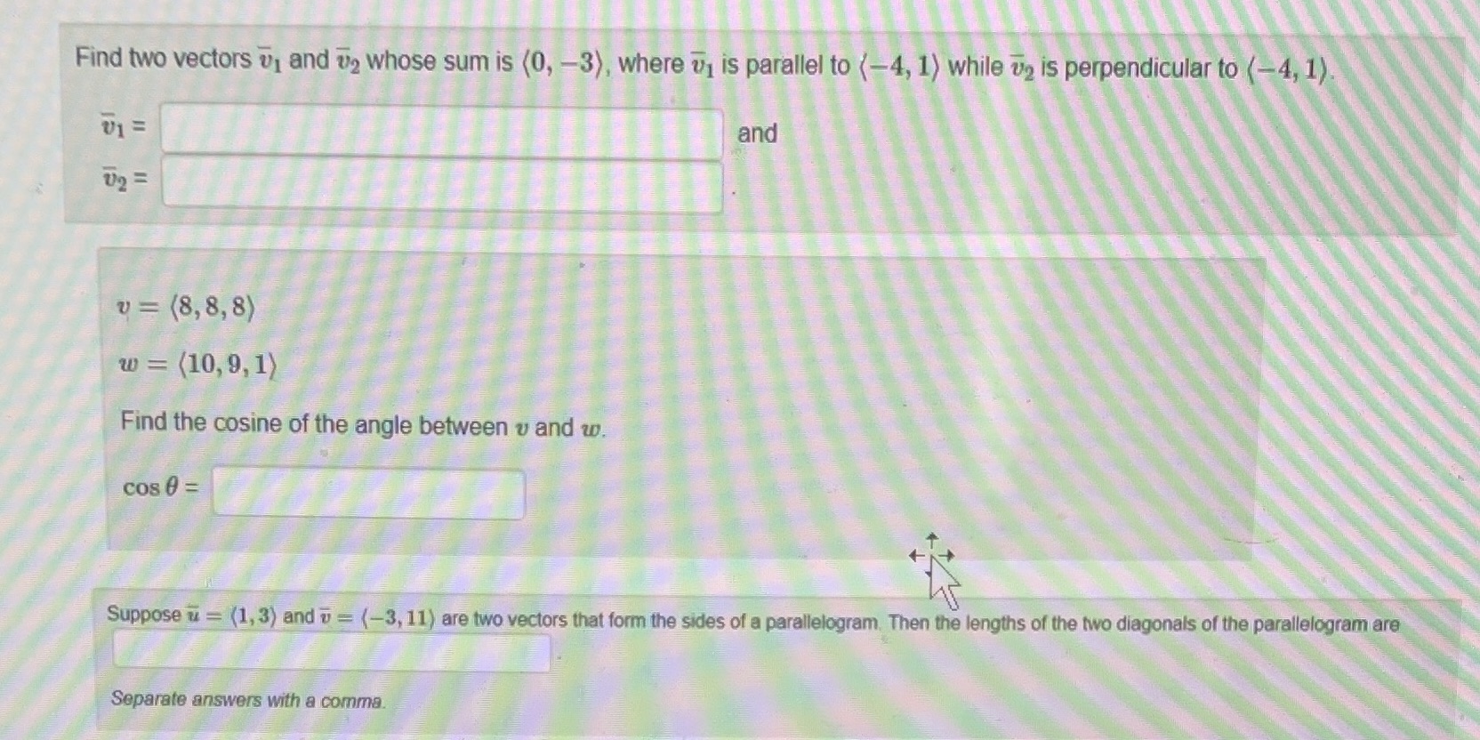 Find two vectors vj and v2 whose sum is (0, -3),