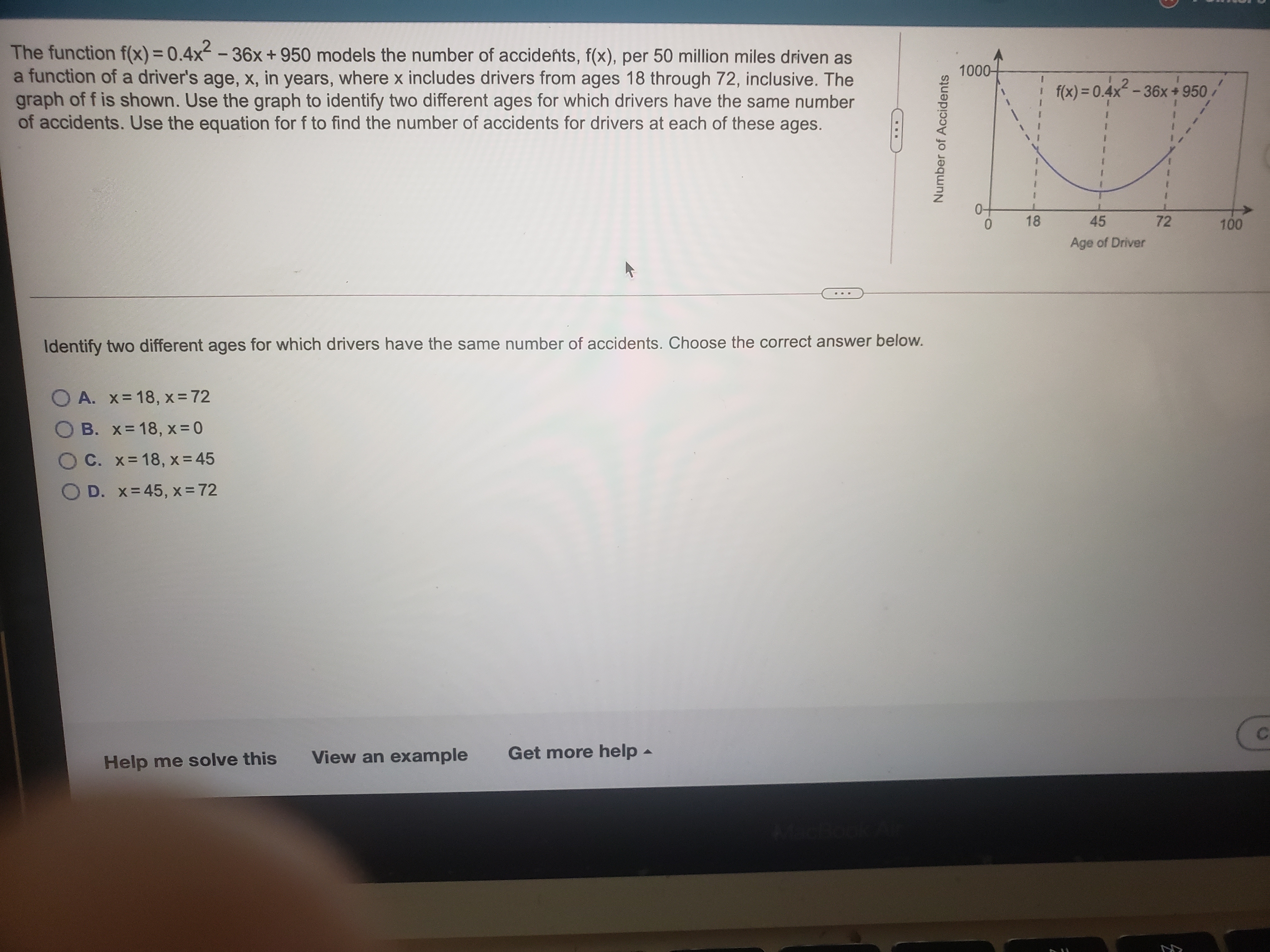 The function f(x) = 0.4x" - 36x + 950 models the