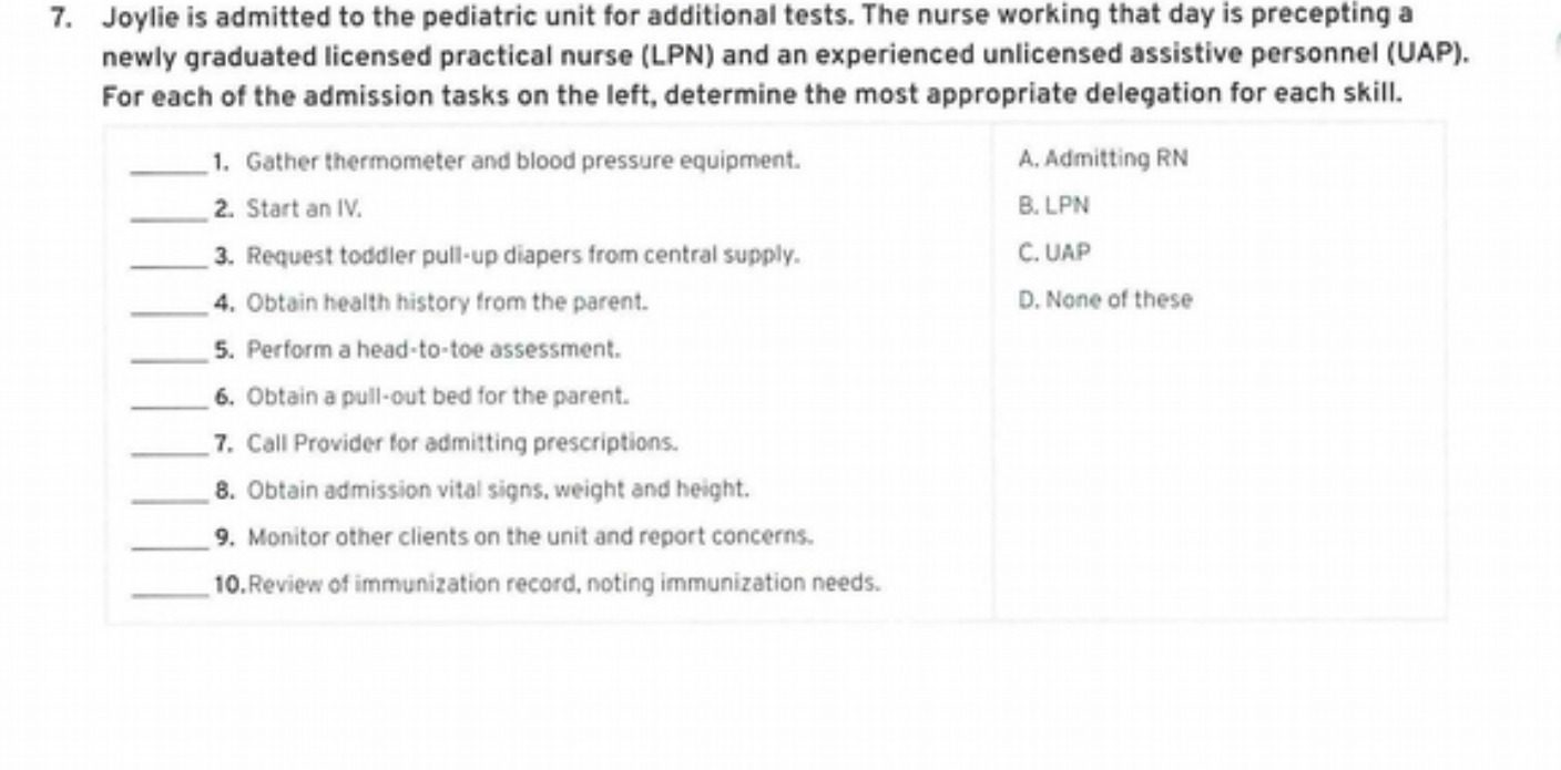 7. Joylie is admitted to the pediatric unit for