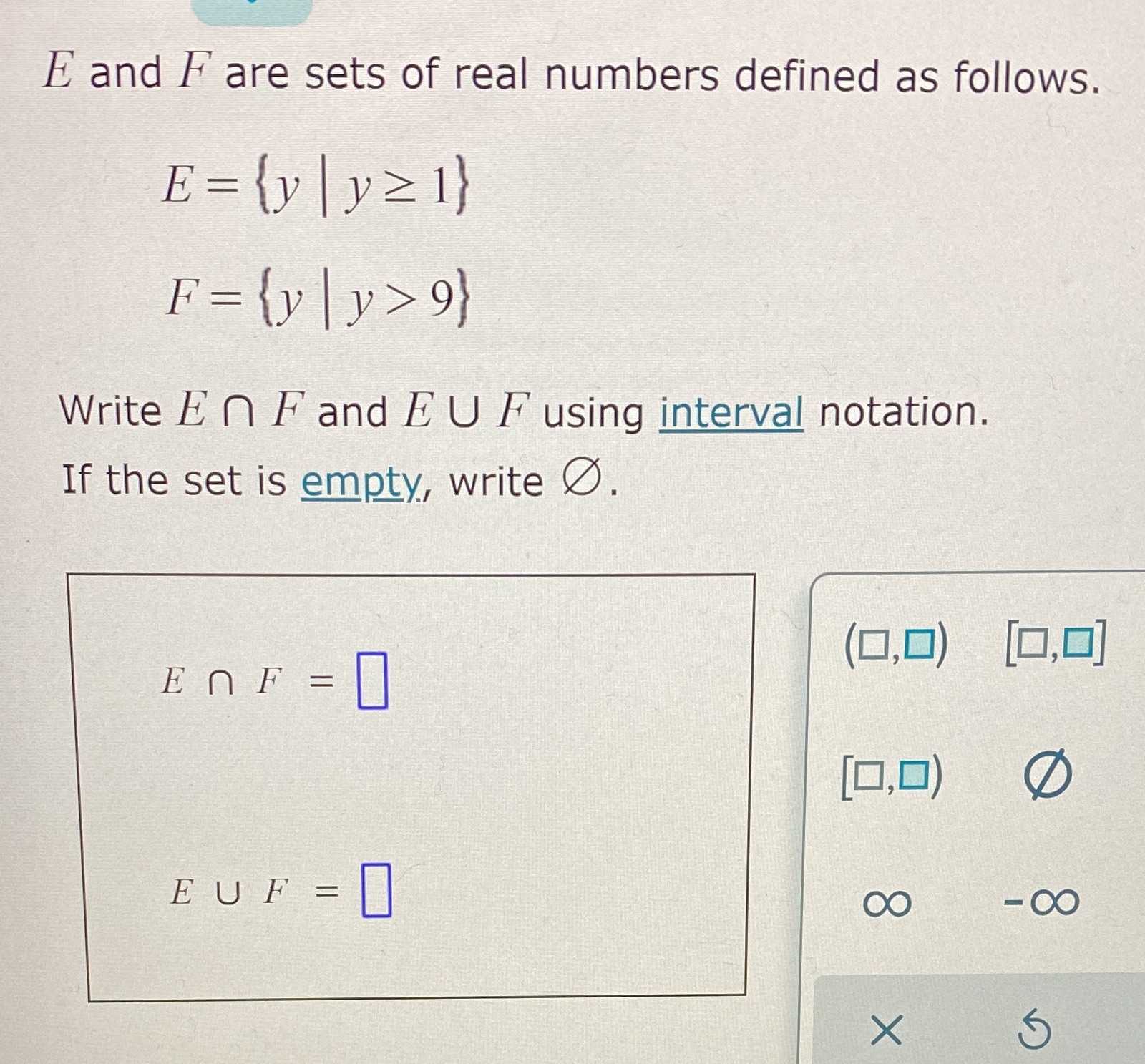 E and F are sets of real numbers defined as