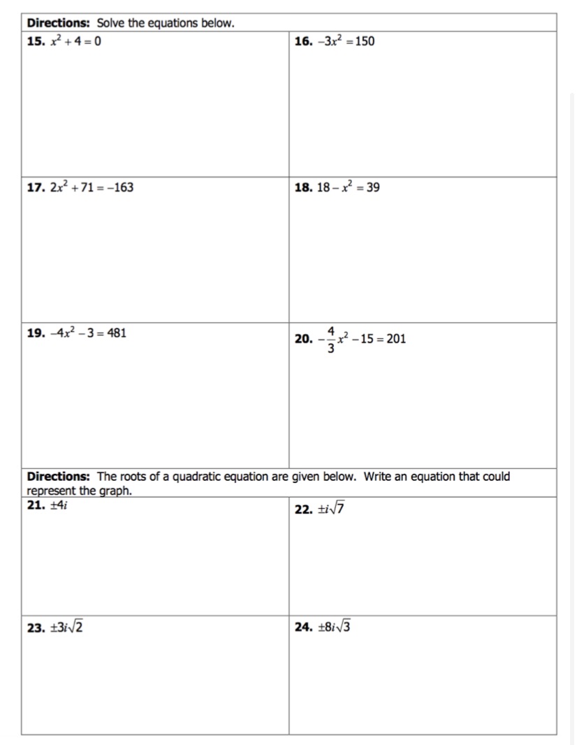 Directions: Solve the equations below. 15. x2 +