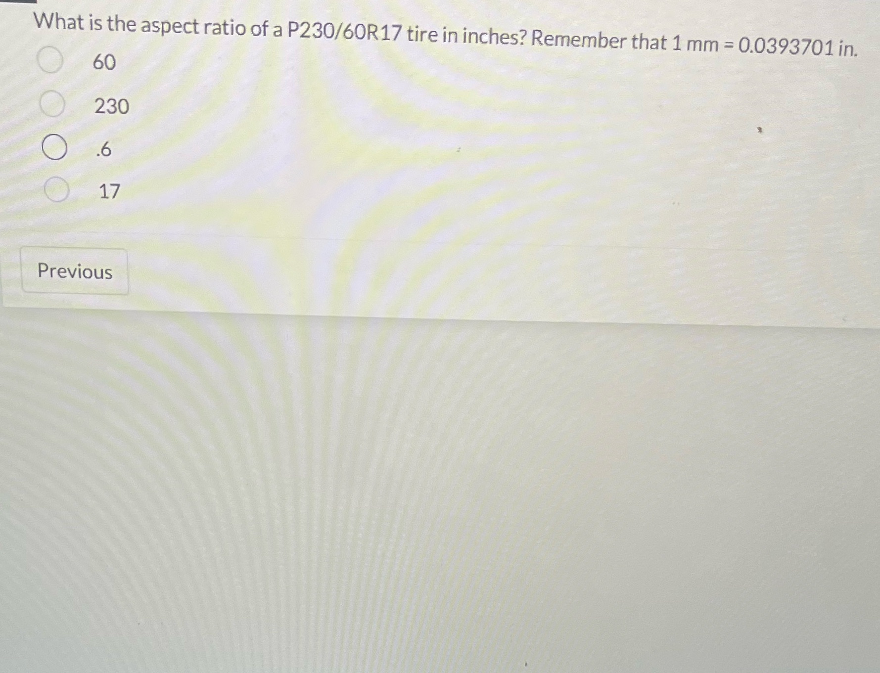 What is the aspect ratio of a P230/60R17 tire in