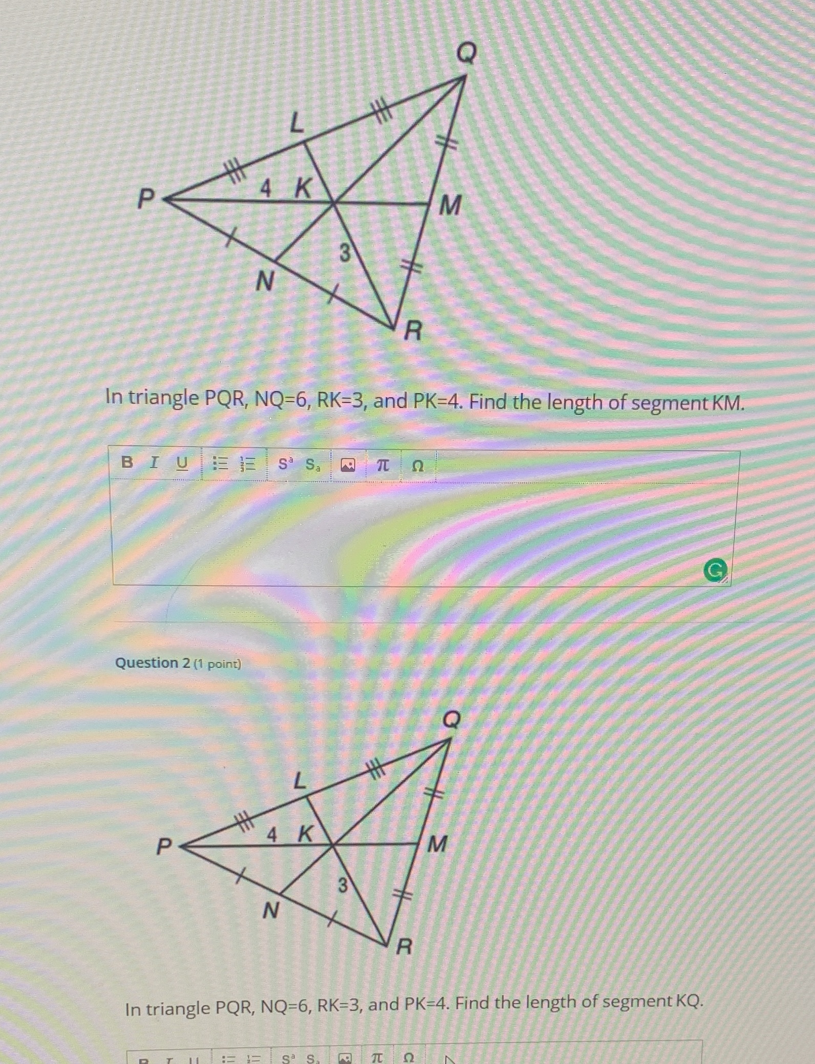 Q L P 4 K M 3 R In triangle PQR, NQ=6, RK=3, and