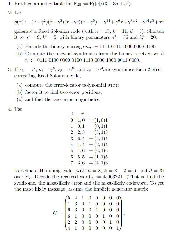 1. Produce an index table for F2s := Fsla]/(3 +