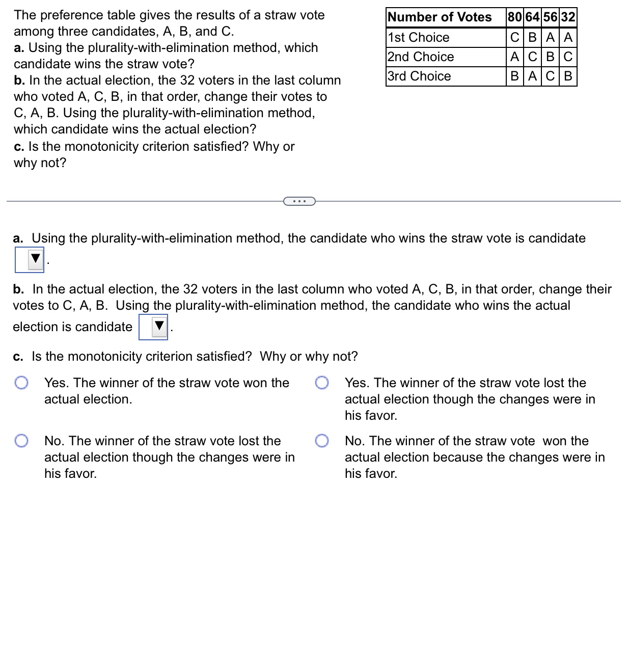 The preference table gives the results of a straw