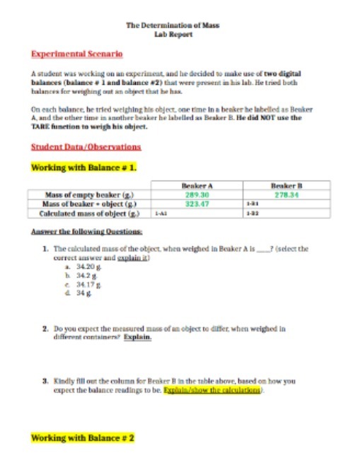 The Determination of Mass Lab Report Experimental