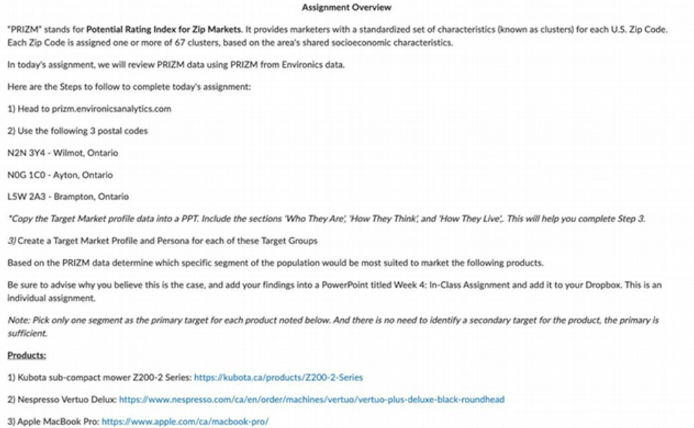 Assignment Overview "PRIZM" stands for Potential
