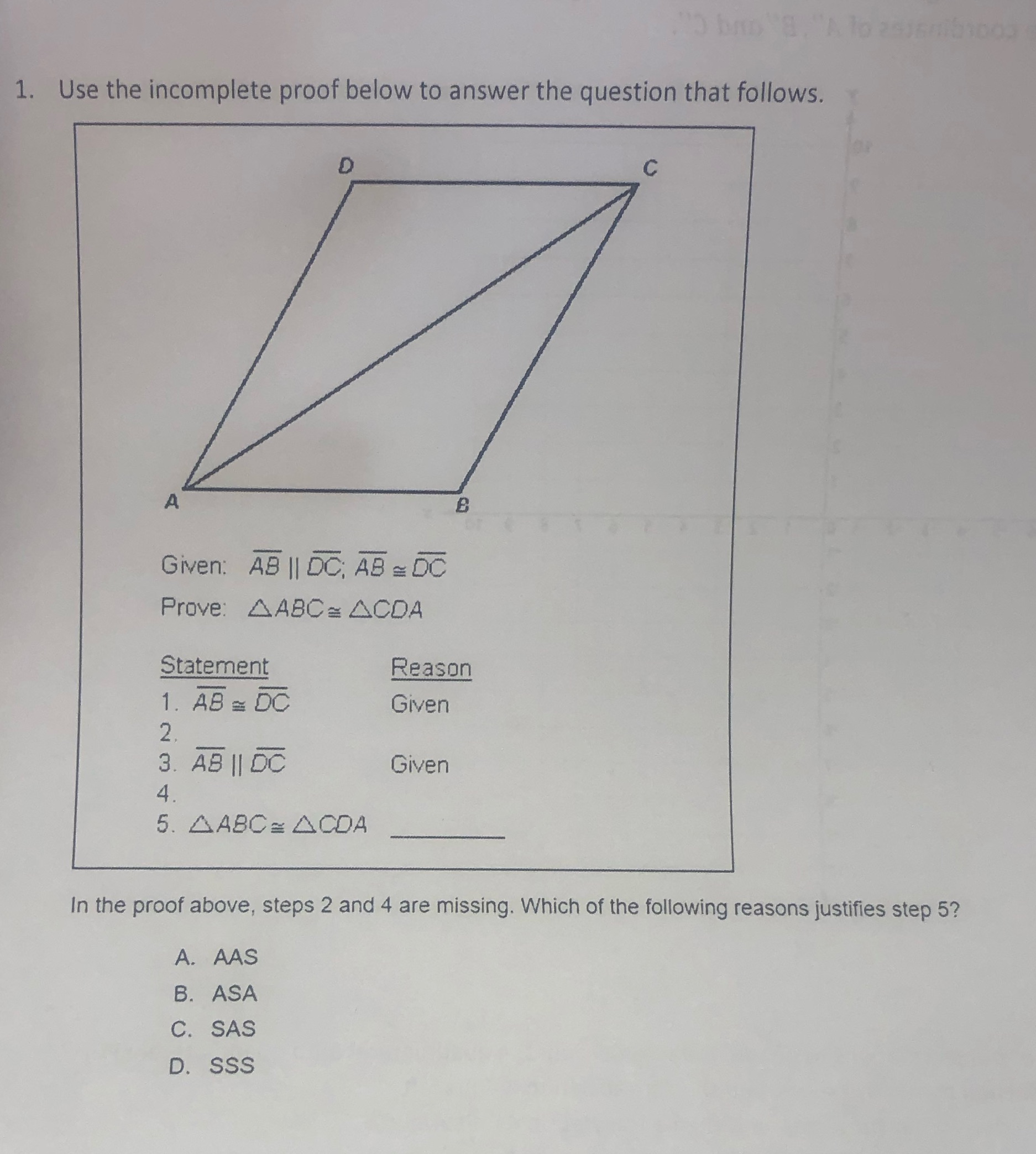 5 ban H. "Al 1. Use the incomplete proof below to