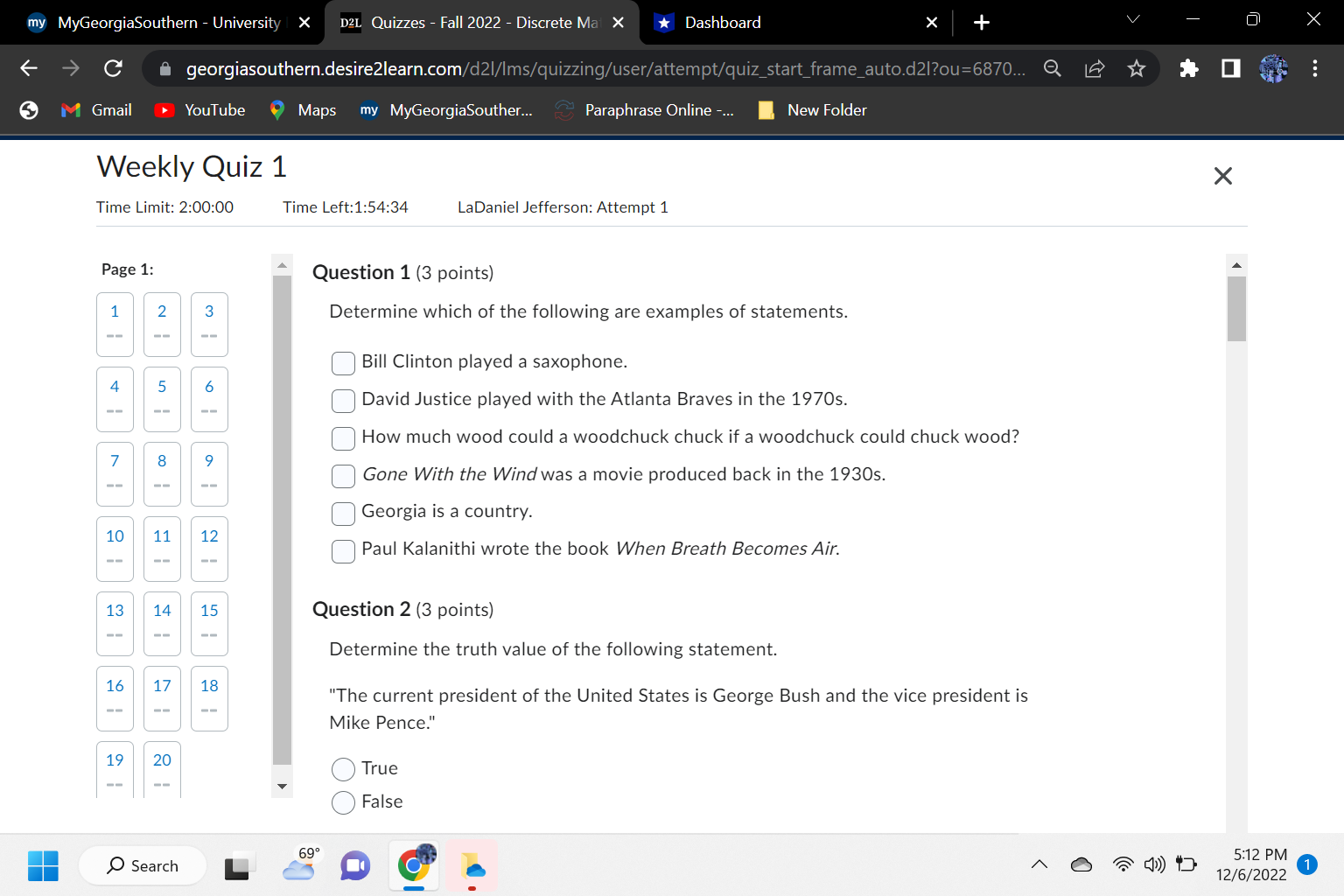 my MyGeorgiaSouthern - University | X D2L Quizzes