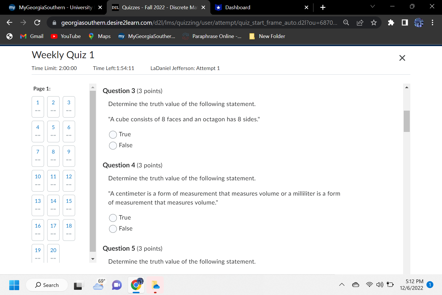 my MyGeorgiaSouthern - University | X D2L Quizzes