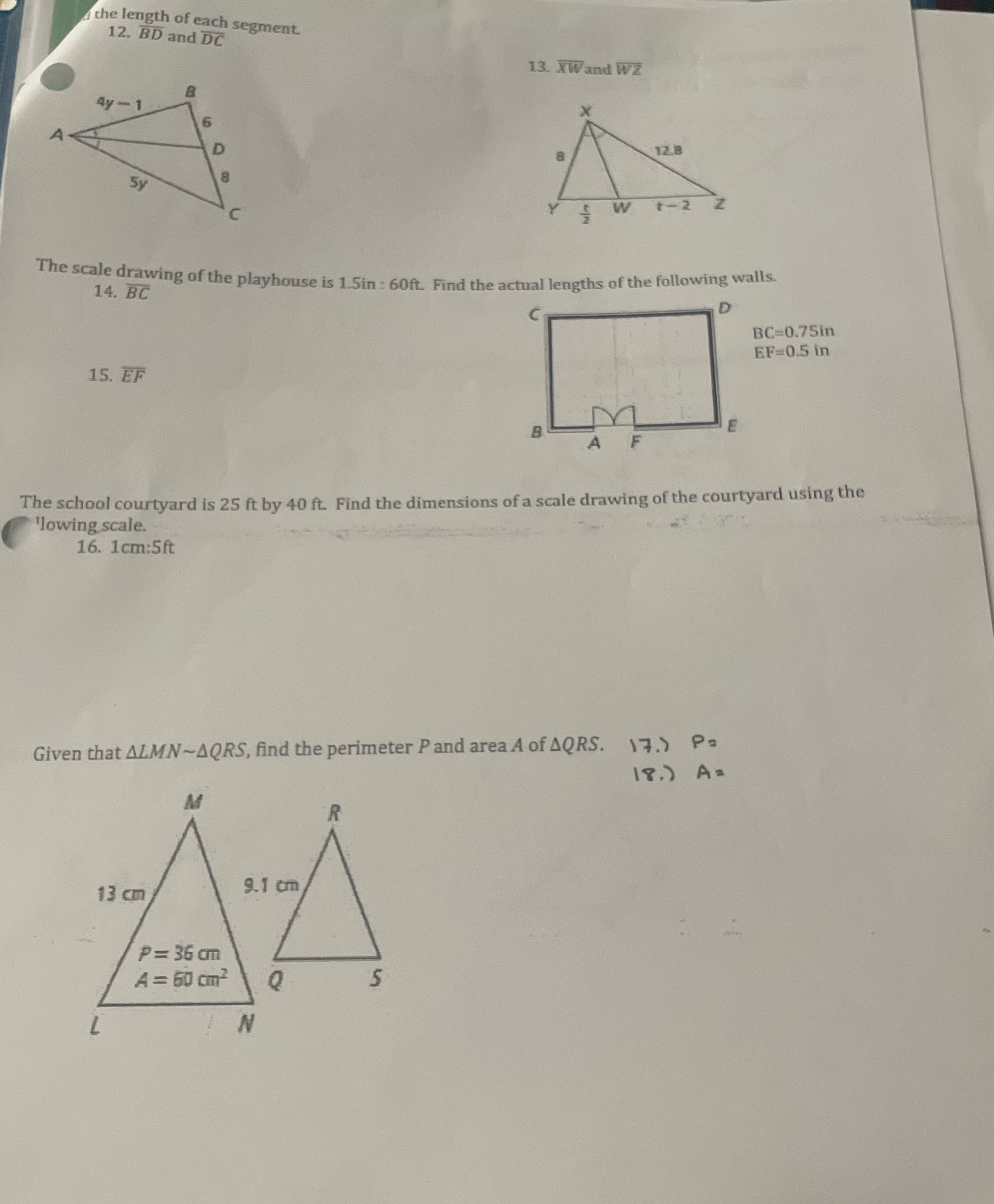 the length of each segment 12. BD and DC 13. XW