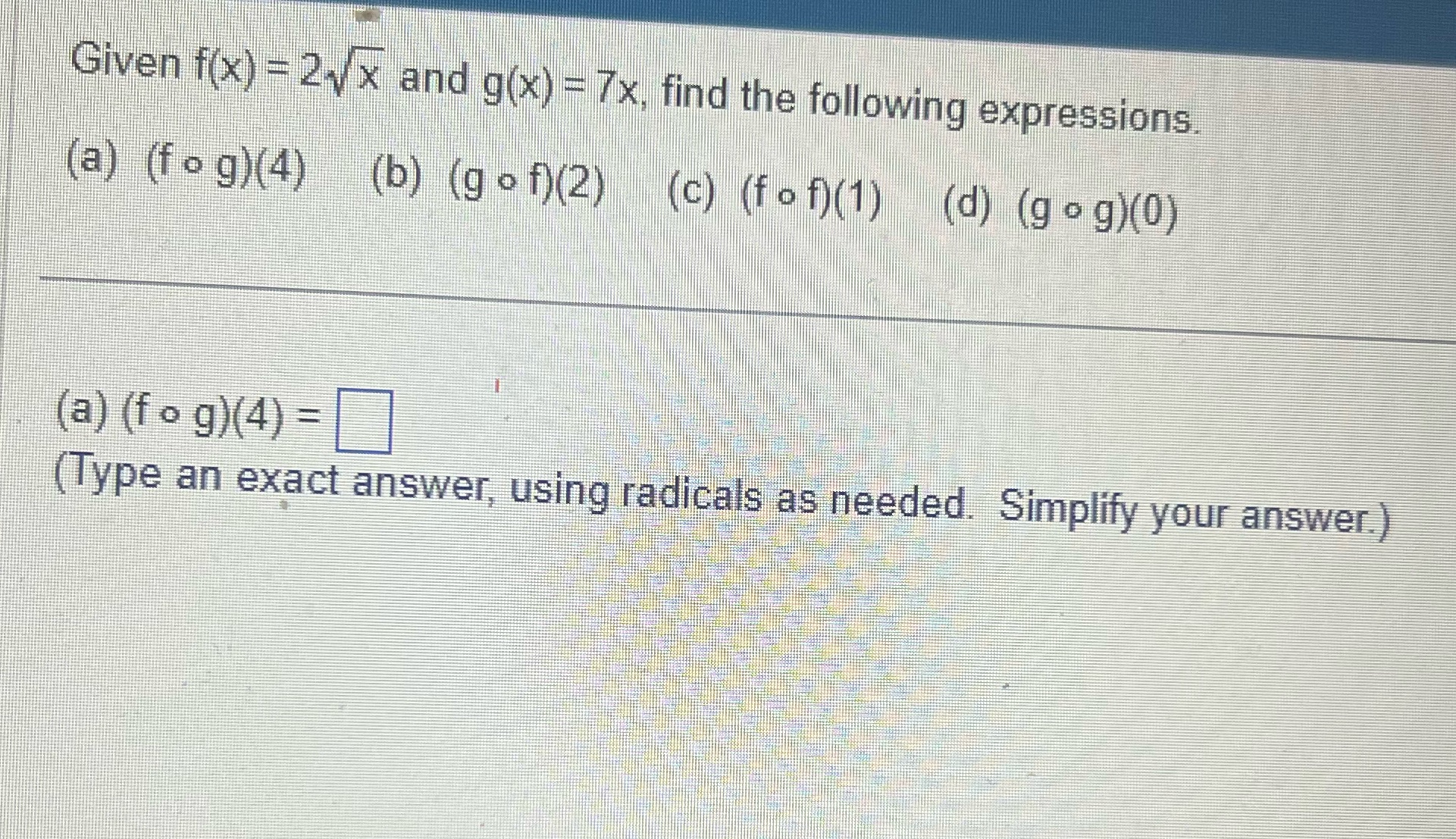 Given f(x) = 2vx and g(x) = 7x, find the