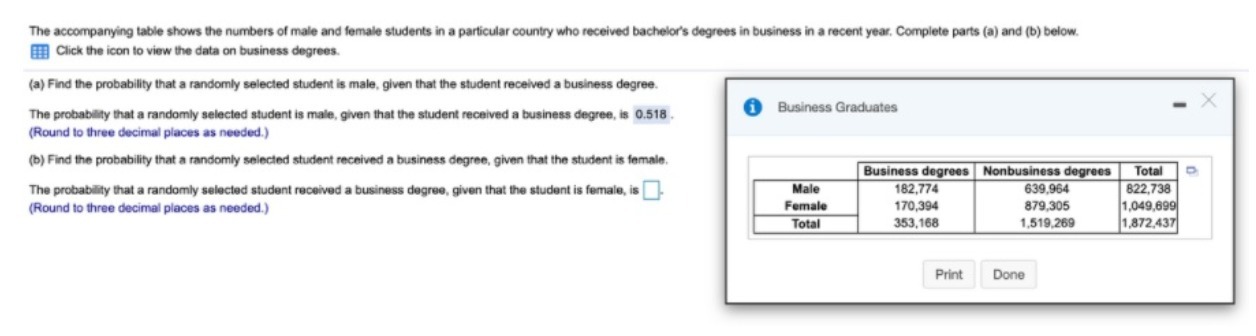 The accompanying table shows the numbers of male
