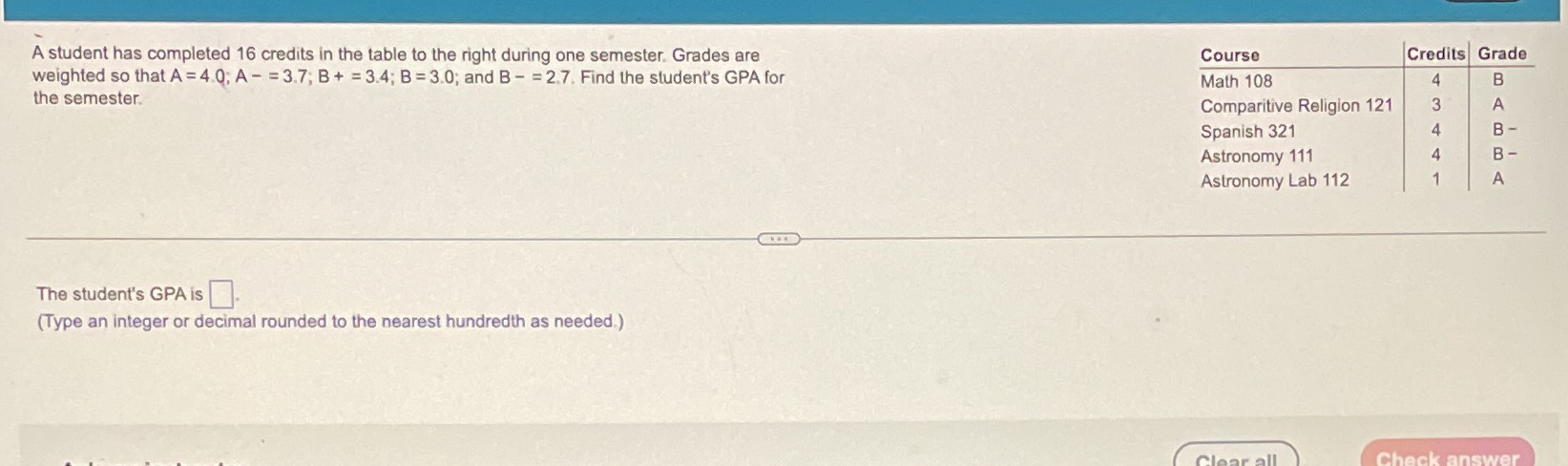 A student has completed 16 credits in the table
