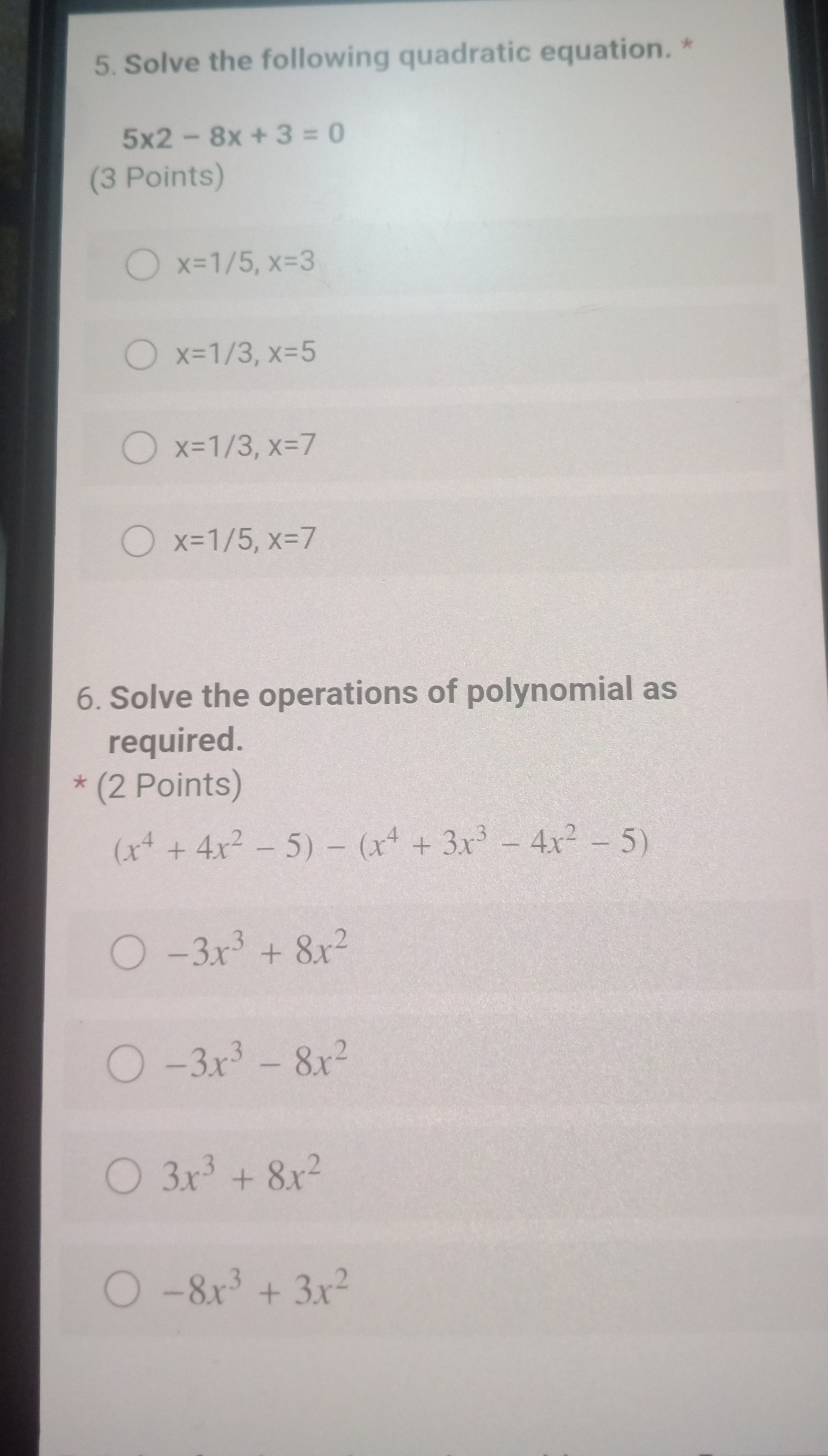 1. Solving for a; * (2 Points) 1/2a + 3/4(a - 2)