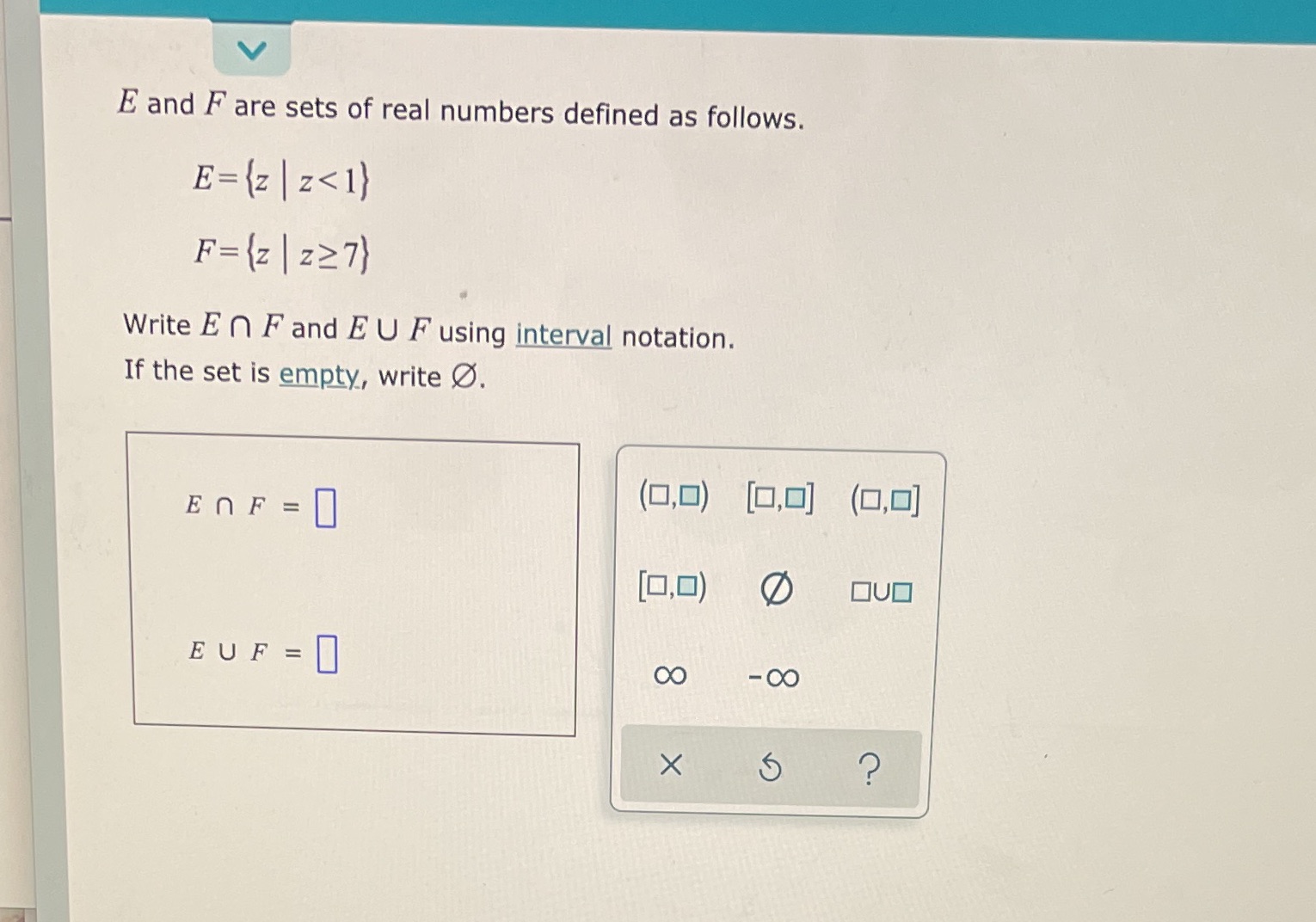 E and F are sets of real numbers defined as