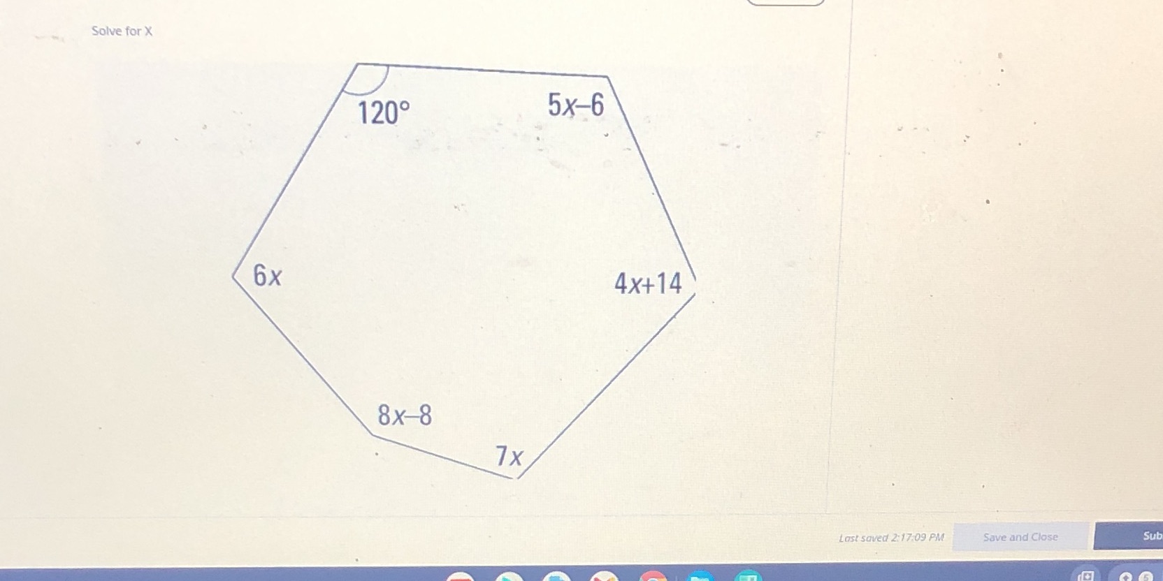 Solve for X 120 5x-6 6x 4x+14 8x-8 7x Last saved