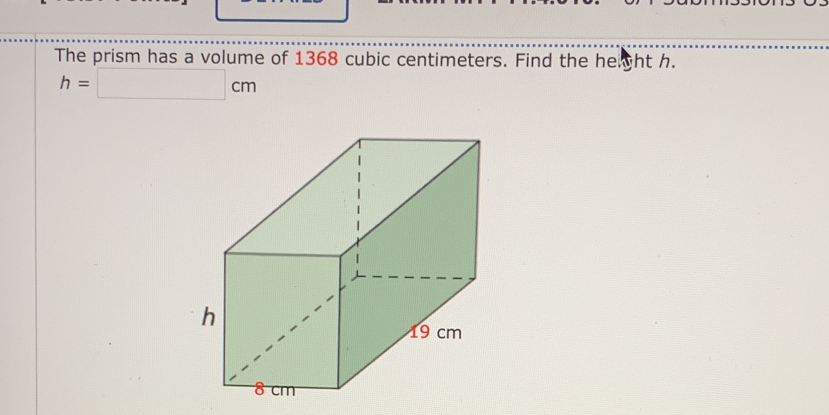 The prism has a volume of 1368 cubic centimeters.