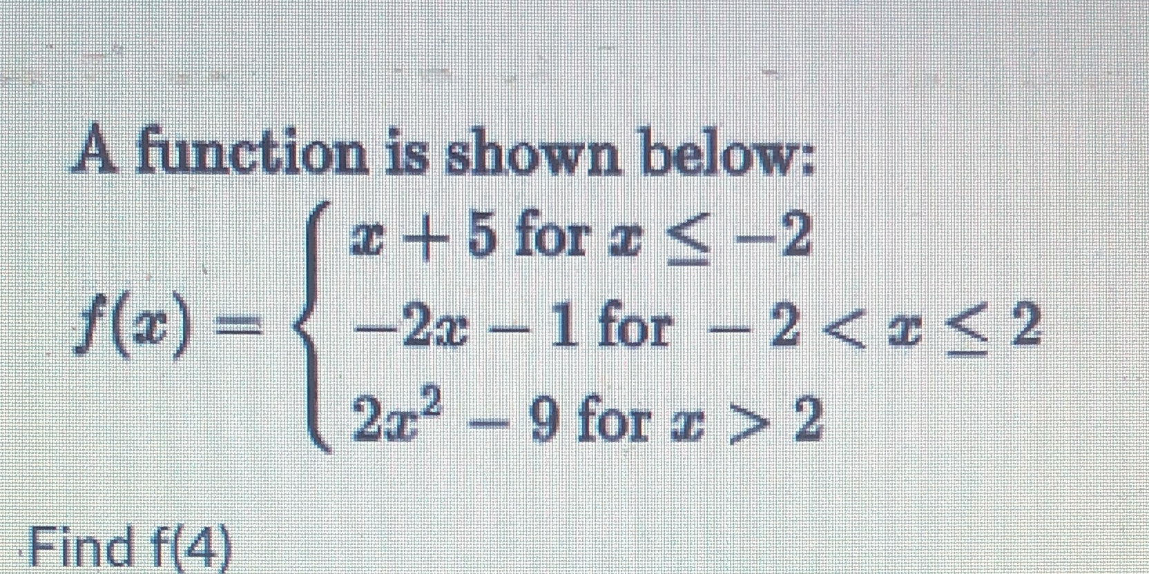 A function is shown below: c -+ 5 for 2 < -2 f(x)