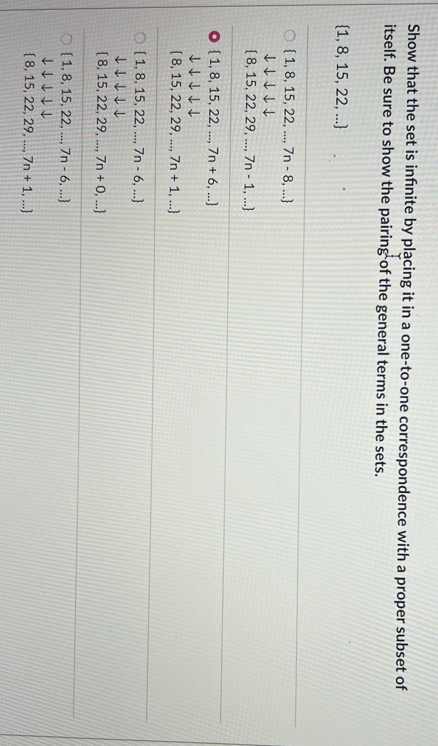 Show that the set is infinite by placing it in a