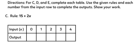 Directions: For C, D, and E, complete each table.