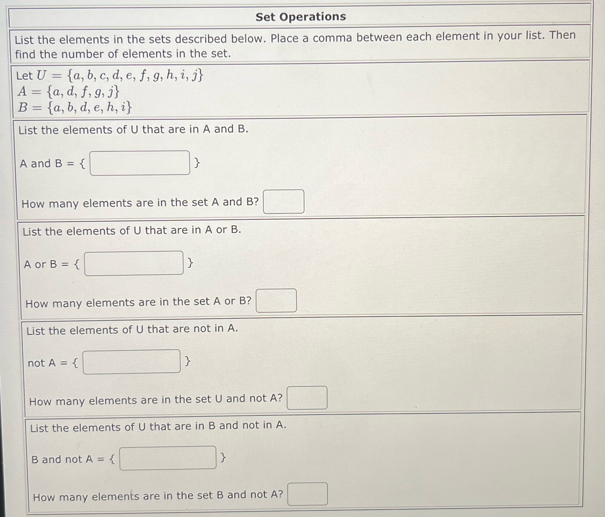 Set Operations List the elements in the sets