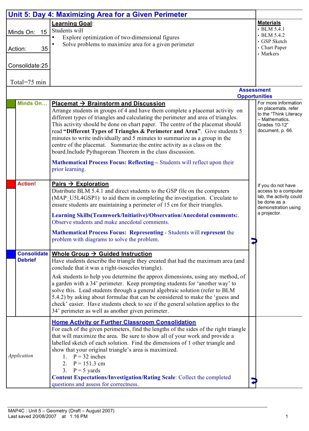 Maximum area for a given perimeter Unit 5: Day 4: