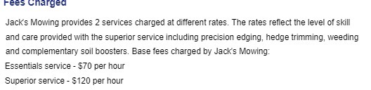 Fees Charged Jack's Mowing provides 2