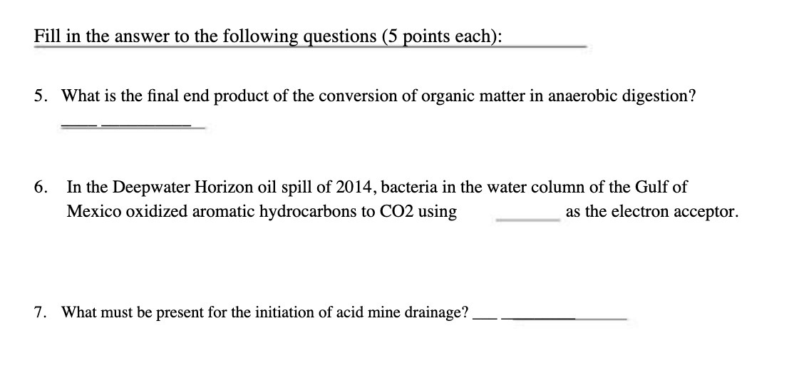 Fill in the answer to the following questions (5