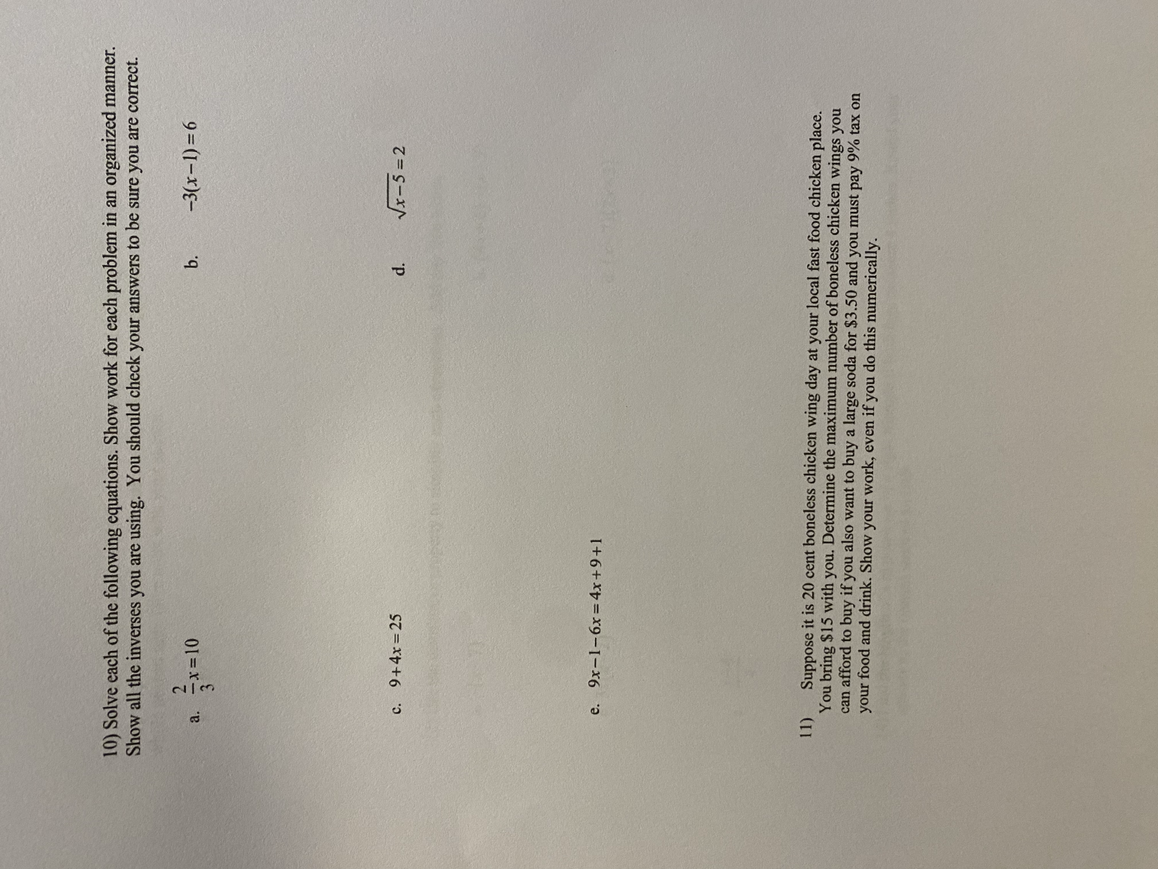 10) Solve each of the following equations. Show