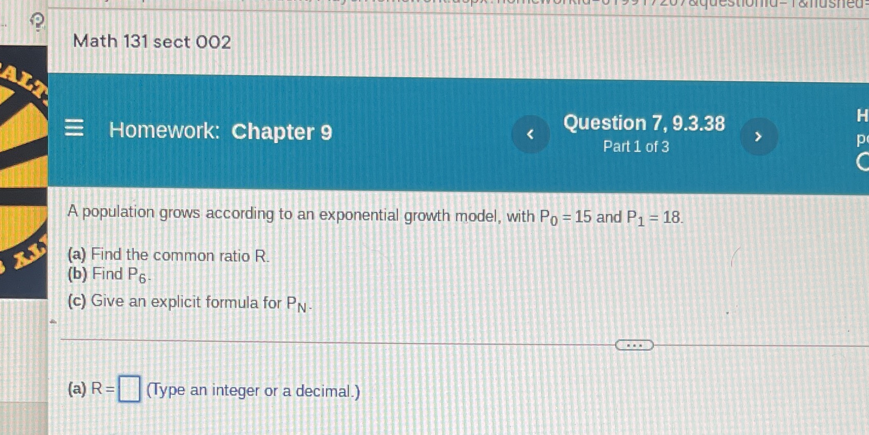 P Math 131 sect 002 ALT. Homework: Chapter 9