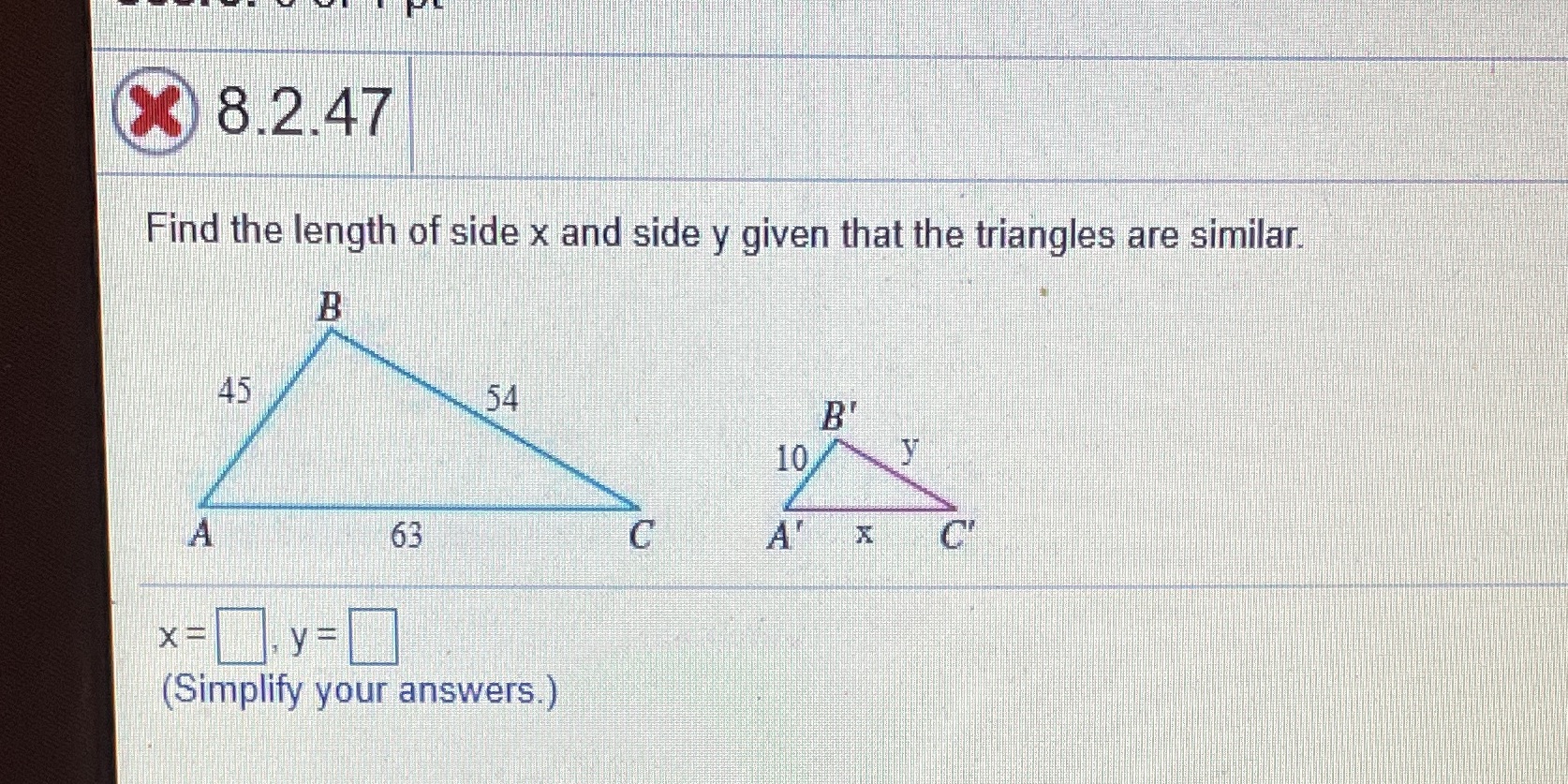 "() 8.2.47 Find the length of side x and side y
