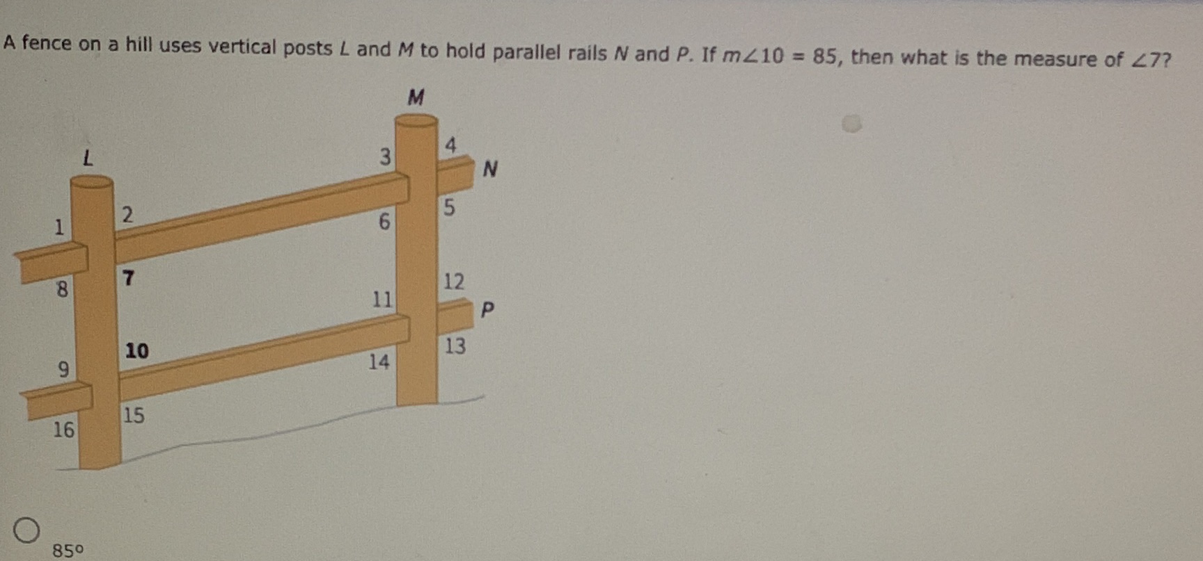 A fence on a hill uses vertical posts L and M to