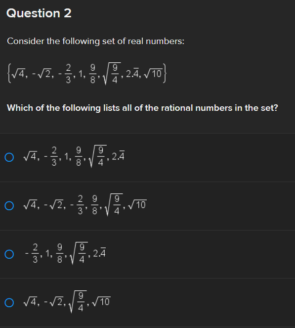 Question 2 Consider the following set of real