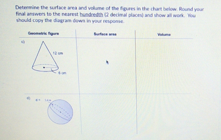 determine the surface area and volume of the