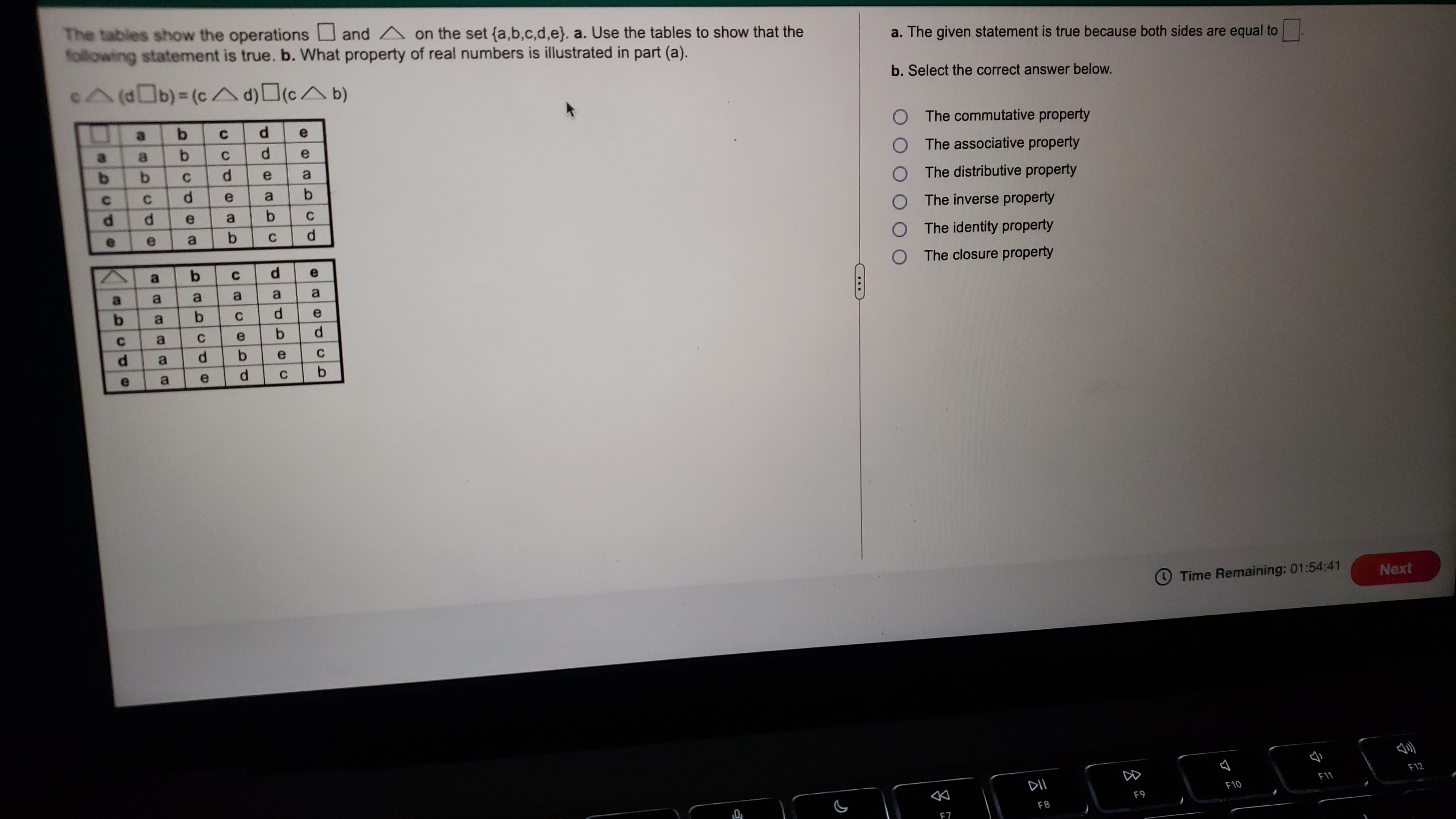 The tables show the operations ] and / on the set