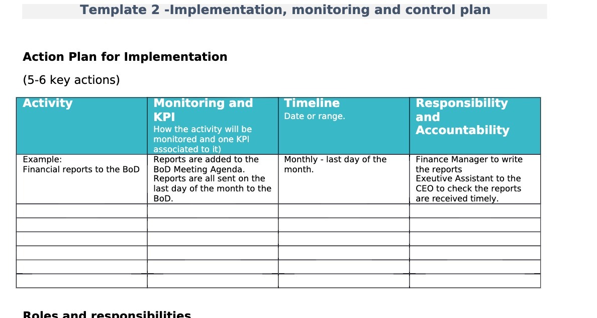 Template 2 -Implementation, monitoring and