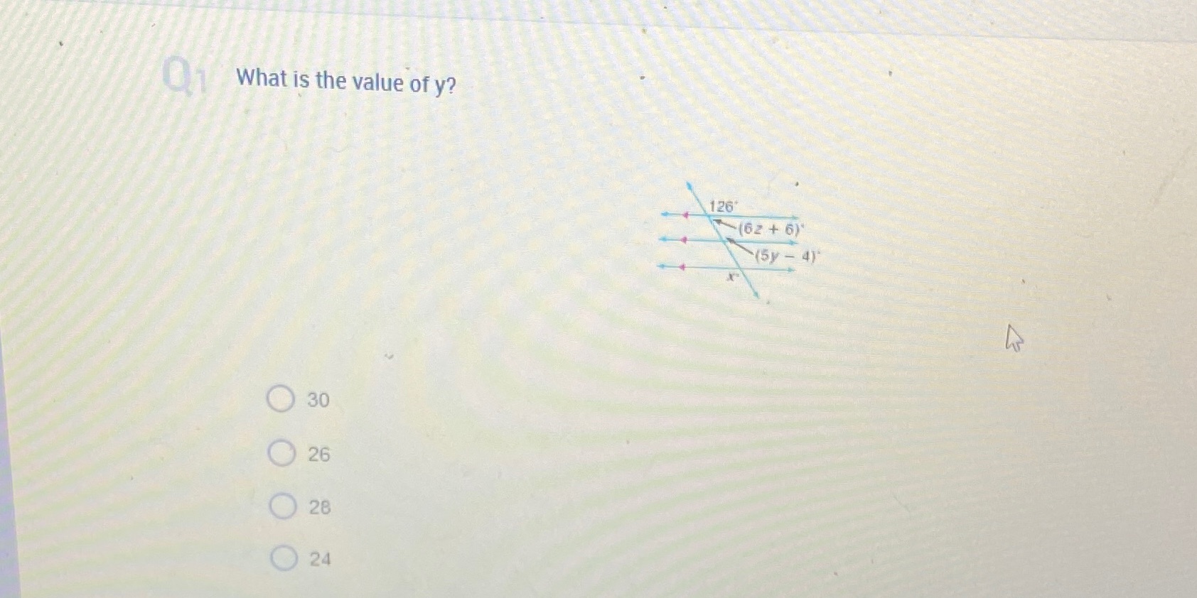 01 What is the value of y? 126 (62+ 6) (5y - 4)