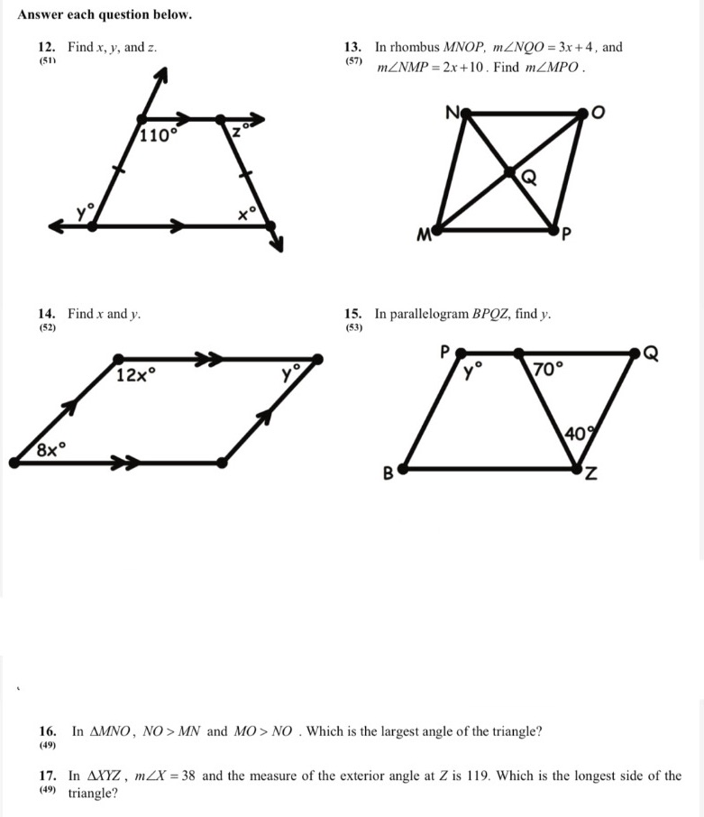 Answer each question below. 12. Find x, y, and z.