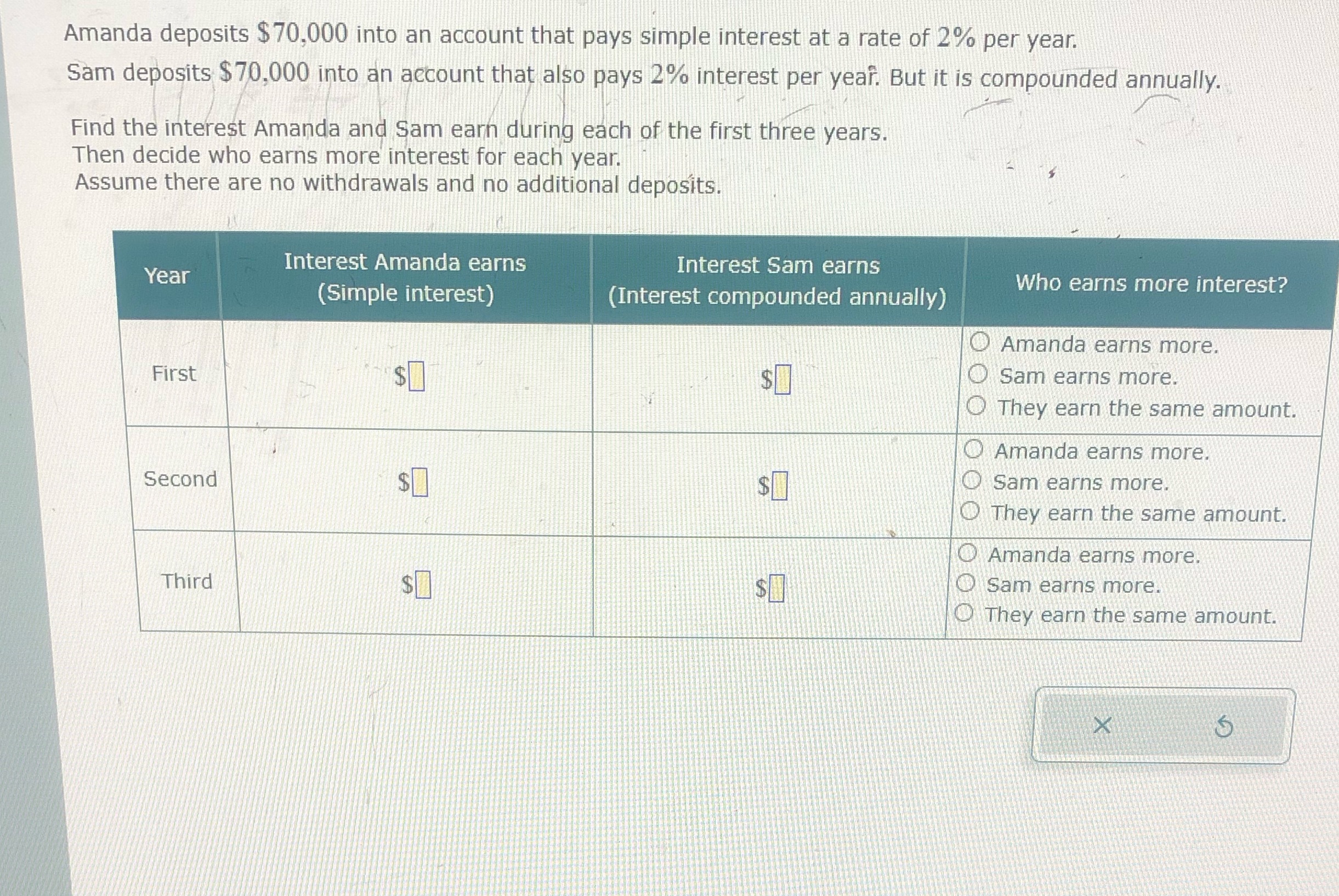 Amanda deposits $70,000 into an account that pays