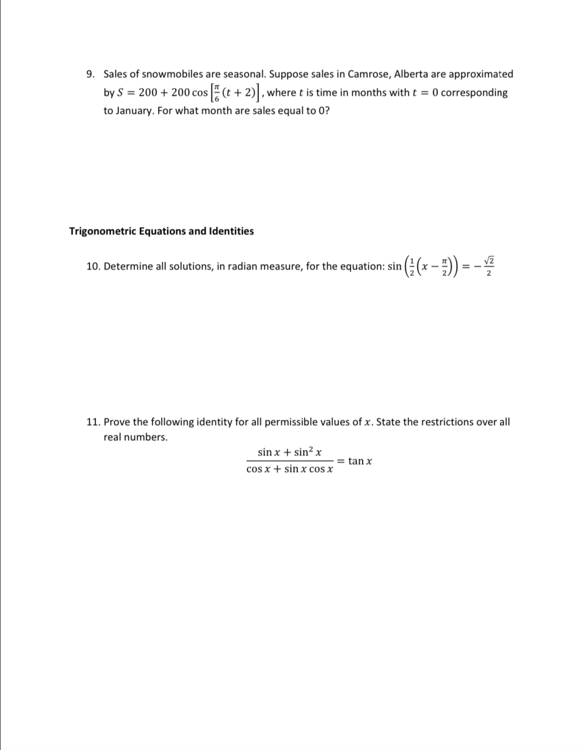 Pre-Calculus 12 Final Assignment Each question is