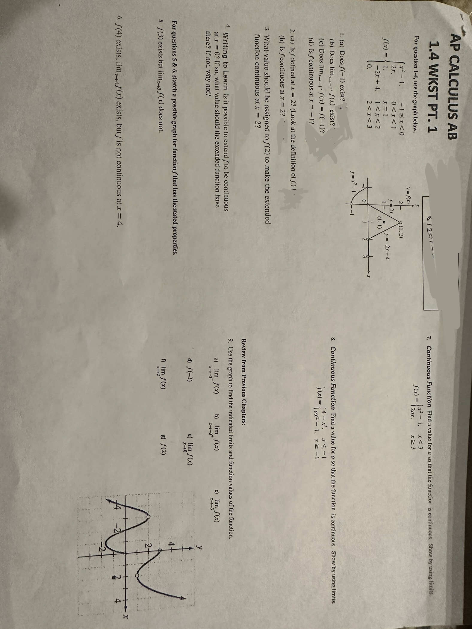 AP CALCULUS AB 1.4 WKST PT. 1 $ 1291 - 7.