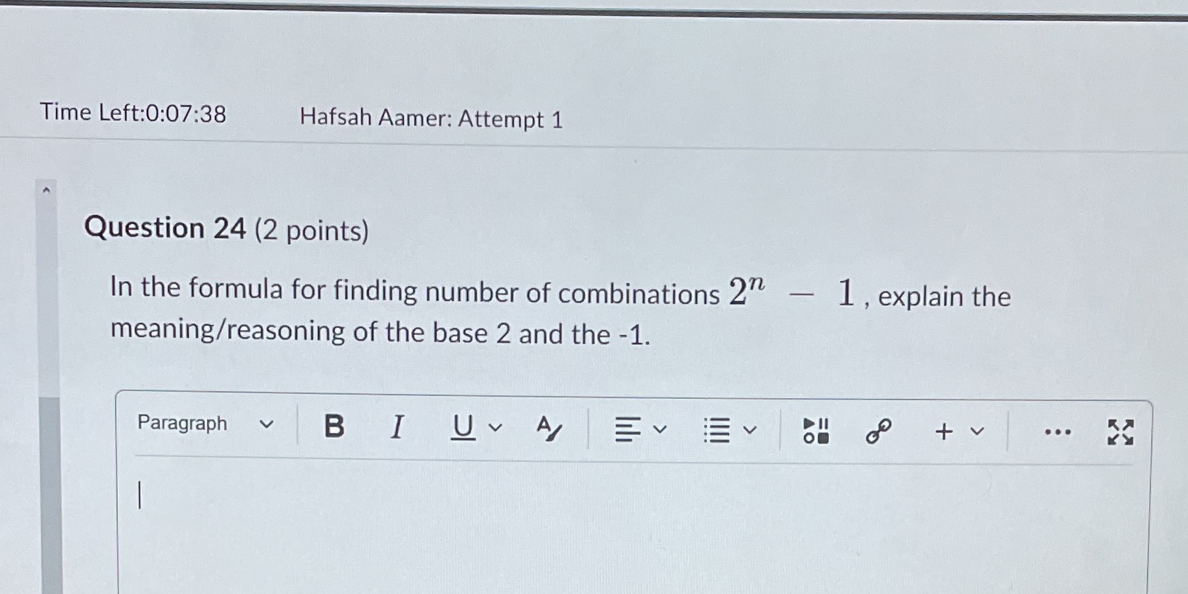 Time Left:0:07:38 Hafsah Aamer: Attempt 1