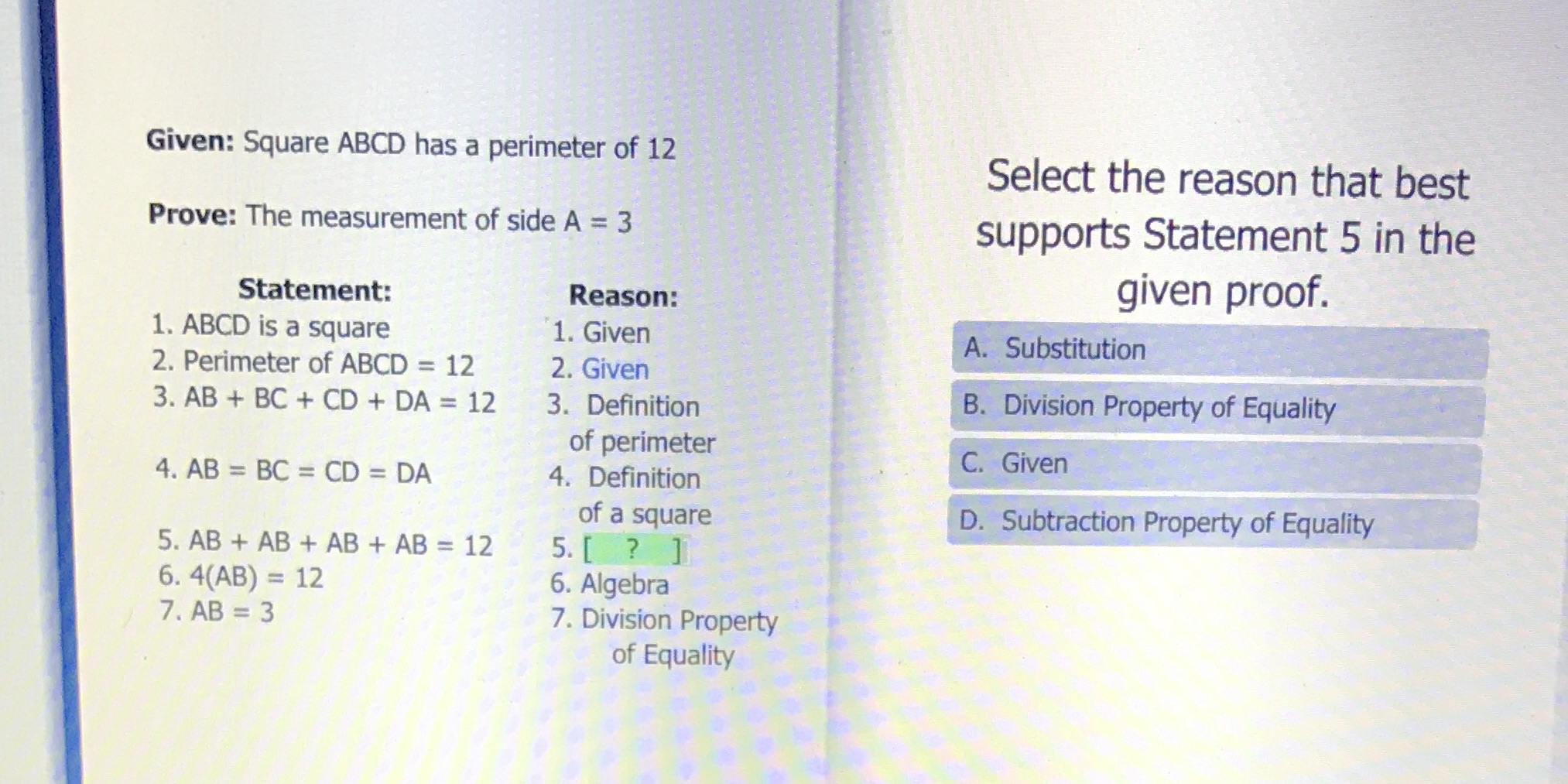 Given: Square ABCD has a perimeter of 12 Select
