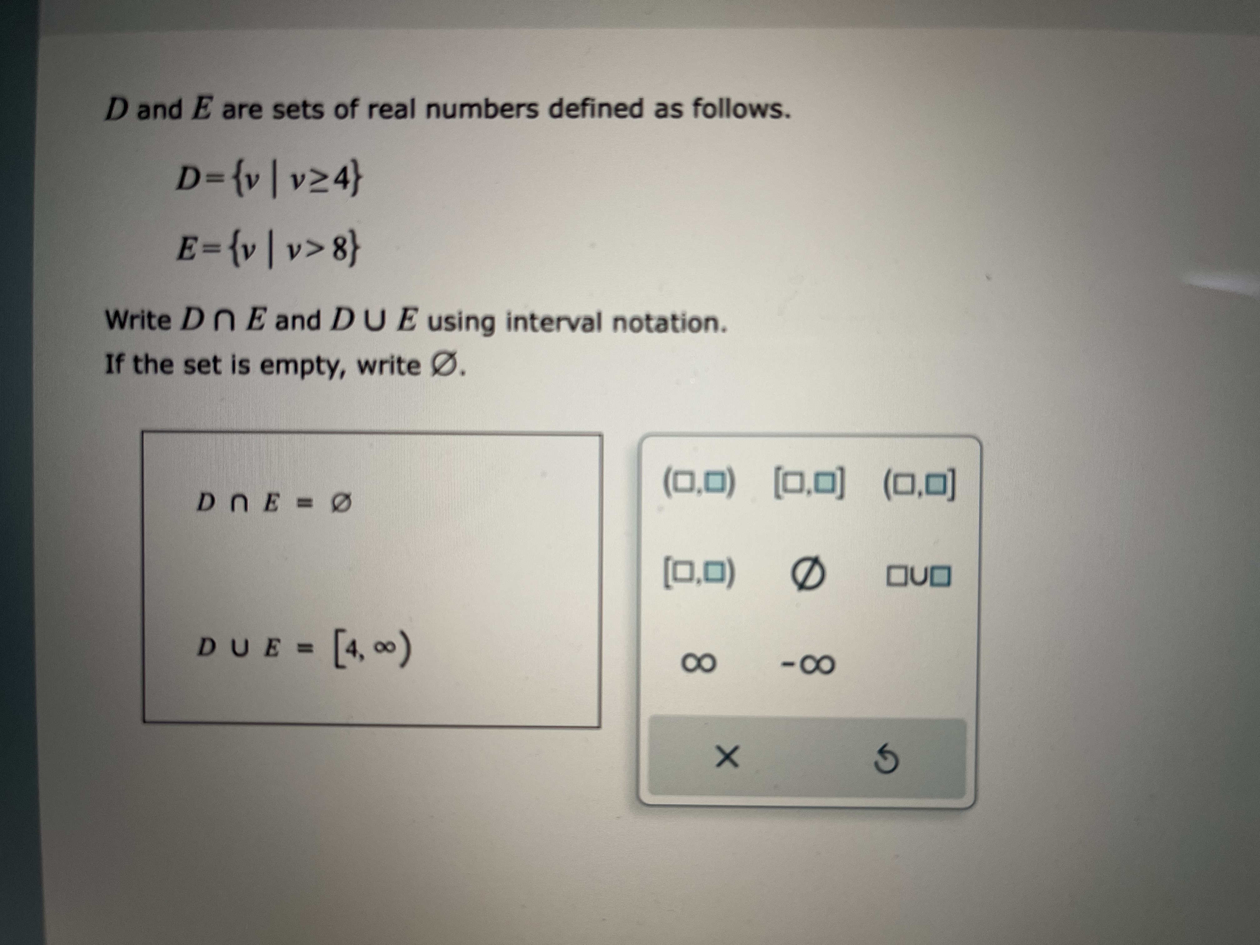 D and E are sets of real numbers defined as