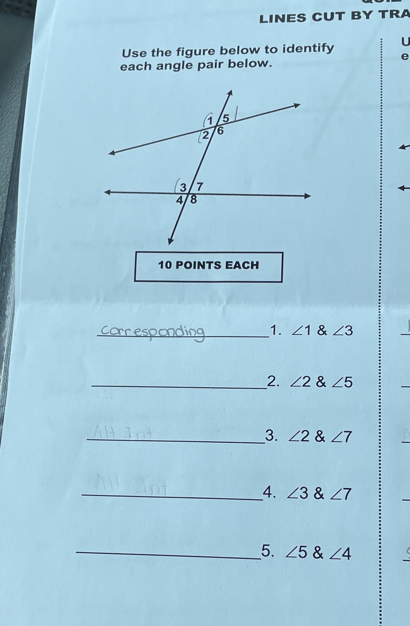 LINES CUT BY TRA Use the figure below to identify
