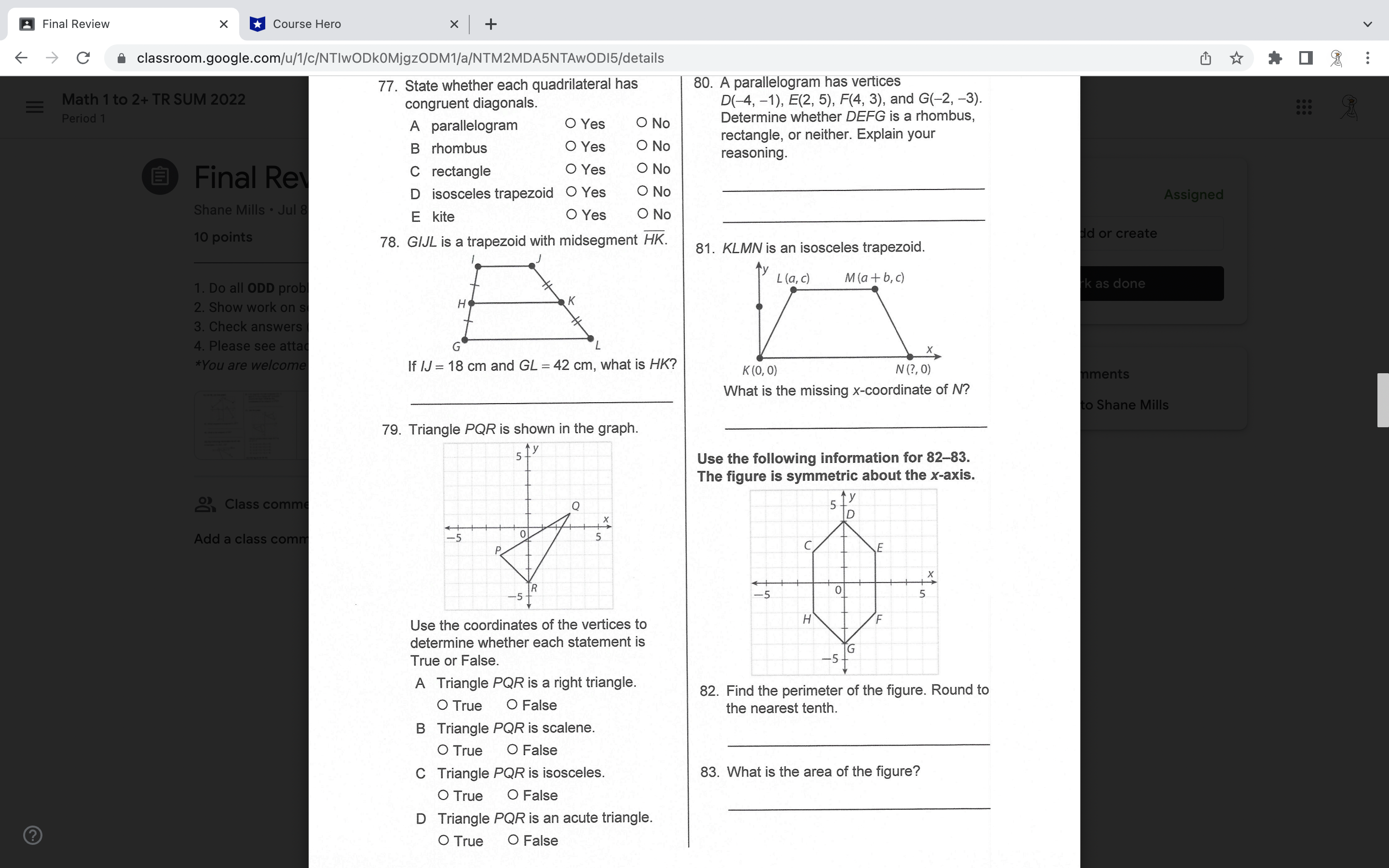 Final Review X Course Hero X + C