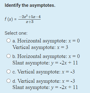Identify the asymptotes. f ( x) = 2x- +5r-4