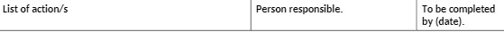 List of action/s Person responsible. To be