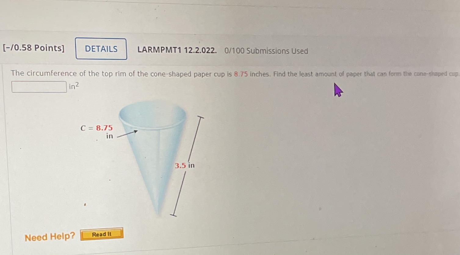 The circumference of the top rim of the cone